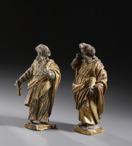 SCULTORE DEL XVII SECOLO : Coppia di sculture in legno intagliato, policromo e parzialmente dorato raffiguranti San Pietro e un Evangelista  - Asta Asta 469 | ARTE ANTICA E DEL XIX SECOLO Online - Associazione Nazionale - Case d'Asta italiane