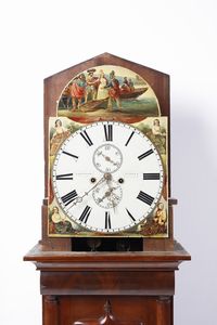 MANIFATTURA INGLESE DEL XIX SECOLO : Orologio a torre con cassa lastronata in mogano, quadrante in metallo dipinto con scena raffigurante la fuga di Maria Stuarda dal Castello di Lochleven  - Asta Asta 469 | ARTE ANTICA E DEL XIX SECOLO Online - Associazione Nazionale - Case d'Asta italiane