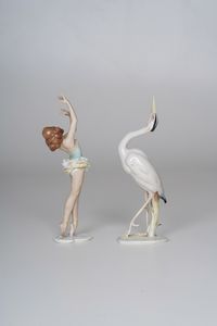 Due figurine, ballerina e airone.<BR>Germania, Manifattura Hutschenreuther, secondo quarto del XX secolo.  - Asta Ceramiche e vetri - Associazione Nazionale - Case d'Asta italiane