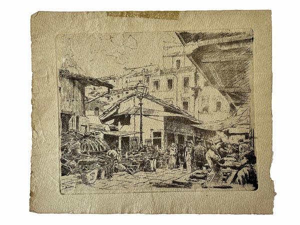 Telemaco Signorini : Mercato dell'antico ghetto di Firenze  - Asta Dballage. Occasioni in asta - Associazione Nazionale - Case d'Asta italiane