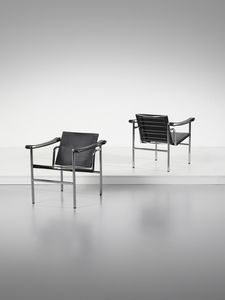 MANIFATTURA ITALIANA : Coppia di poltroncine ispirate al modello LC1 di Le Corbusier  - Asta Asta 471 | DESIGN E ARTI DECORATIVE DEL NOVECENTO Online - Associazione Nazionale - Case d'Asta italiane