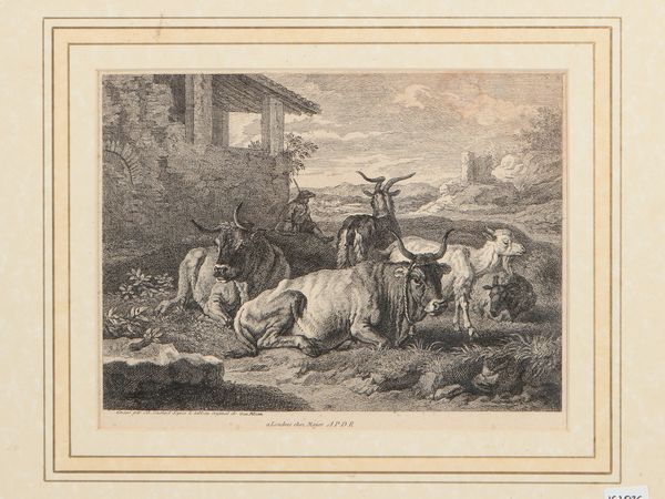 Mucche e capre davanti ad una fattoria (1735 circa)  - Asta Flora & Fauna. Una collezione di stampe - Associazione Nazionale - Case d'Asta italiane