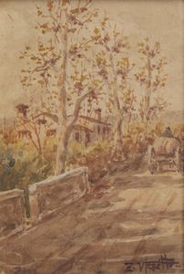 VIZZOTTO-ALBERTI ENRICO  (1880 - 1976) - Viale alberato con carro