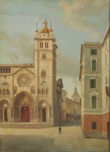 ARTISTA ITALIANO DEL XIX SECOLO - Scorcio di Genova con la Cattedrale di San Lorenzo