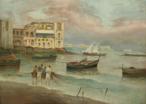 SCOPPA RADAMES RAIMONDO (1877 - 1957) - Il golfo di Napoli con Palazzo Donn'Anna, il Vesuvio sullo sfondo