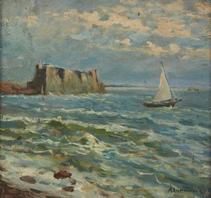 CANNONE ANGELO (1899 - 1992) - Imbarcazione nel golfo di Napoli, Castel Dell'Ovo sullo sfondo