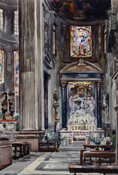 Vasco Menegozzo : Interno di chiesa  - Asta Dall'Ottocento all'Arte Contemporanea - Associazione Nazionale - Case d'Asta italiane