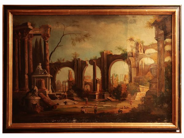 Capriccio architettonico, nel gusto della pittura di Giovanni Paolo Panini  - Asta Ispirazioni di arredo - Associazione Nazionale - Case d'Asta italiane