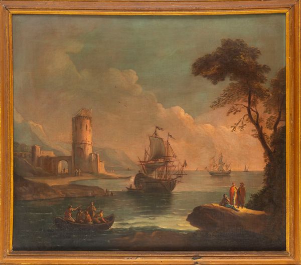 Maniera di Claude Joseph Vernet : Marina con velieri e astanti  - Asta Incanti d'Arte - Associazione Nazionale - Case d'Asta italiane