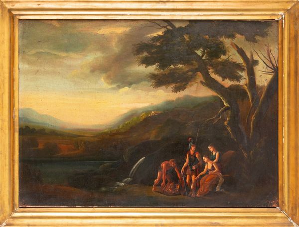 Maniera di Nicolas Poussin : Paesaggio con scena allegorica  - Asta Incanti d'Arte - Associazione Nazionale - Case d'Asta italiane