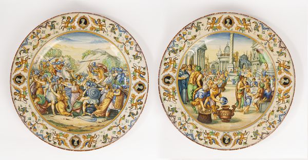 Molaroni Pesaro : Coppia di piatti istoriati in maiolica, secoli XIX-XX  - Asta Incanti d'Arte - Associazione Nazionale - Case d'Asta italiane