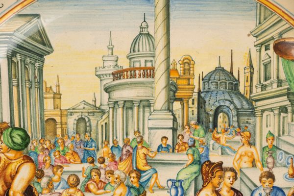 Molaroni Pesaro : Coppia di piatti istoriati in maiolica, secoli XIX-XX  - Asta Incanti d'Arte - Associazione Nazionale - Case d'Asta italiane