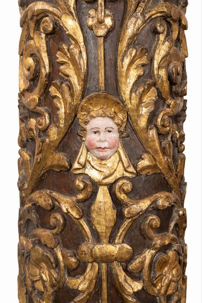 Coppia di colonne in legno intagliato laccato e dorato, secolo XVII  - Asta Incanti d'Arte - Associazione Nazionale - Case d'Asta italiane