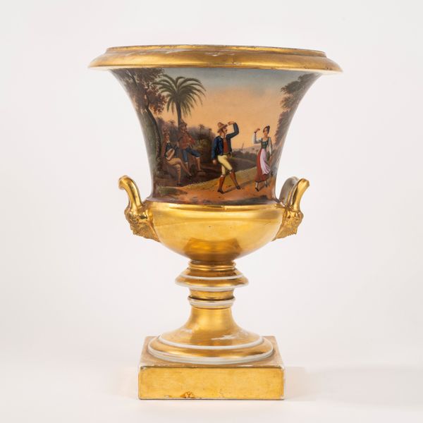 Vaso a cratere in porcellana policroma e oro, Napoli secolo XIX  - Asta Incanti d'Arte - Associazione Nazionale - Case d'Asta italiane