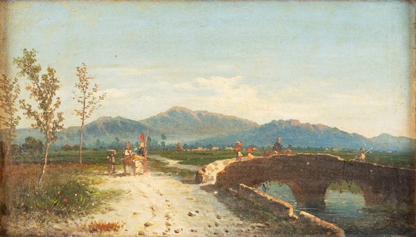 Scuola italiana, secolo XIX : Paesaggio con strada e ponte  - Asta Incanti d'Arte - Associazione Nazionale - Case d'Asta italiane