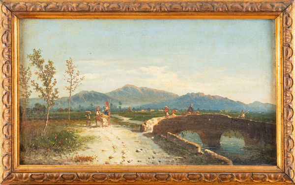 Scuola italiana, secolo XIX : Paesaggio con strada e ponte  - Asta Incanti d'Arte - Associazione Nazionale - Case d'Asta italiane