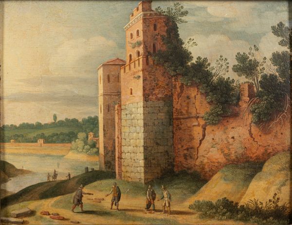 Scuola fiamminga, secolo XVII : Paesaggio con le mura di un castello  - Asta Incanti d'Arte - Associazione Nazionale - Case d'Asta italiane