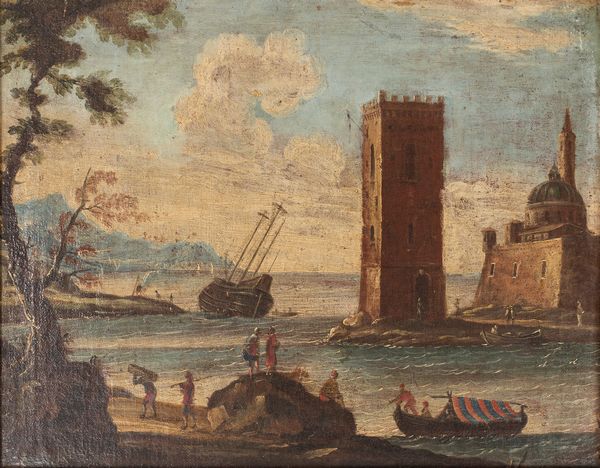 Scuola italiana, secolo XVIII : Marina con torre e pescatori  - Asta Incanti d'Arte - Associazione Nazionale - Case d'Asta italiane