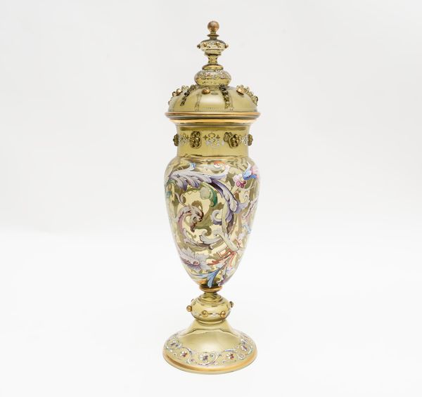 Vaso in vetro e smalti con coperchio, Murano secolo XX  - Asta Incanti d'Arte - Associazione Nazionale - Case d'Asta italiane