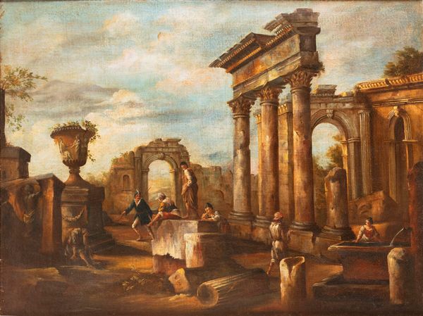 Seguace di Giovanni Paolo Panini : Capriccio architettonico  - Asta Incanti d'Arte - Associazione Nazionale - Case d'Asta italiane