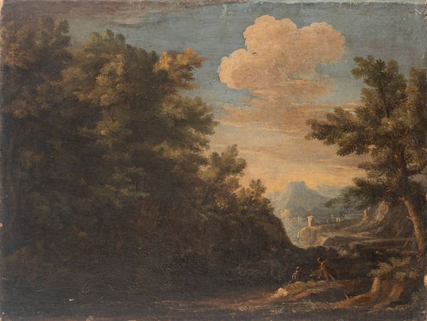 Scuola romana, secolo XVIII : Paesaggio boschivo con astanti in primo piano  - Asta Incanti d'Arte - Associazione Nazionale - Case d'Asta italiane