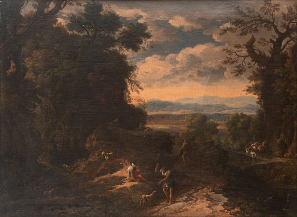 Scuola romana, secolo XVII : Paesaggio boschivo con astanti in primo piano  - Asta Incanti d'Arte - Associazione Nazionale - Case d'Asta italiane