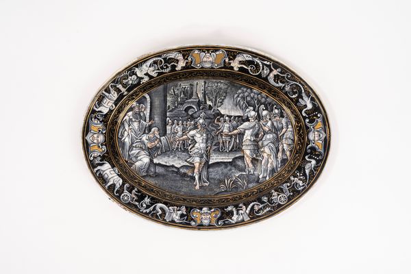 Attribuito a Pierre Reymond (1513-1584) : Piatto ovale in smalto di Limoges raffigurante Abramo rifiuta i doni del re di Sodoma  - Asta Incanti d'Arte - Associazione Nazionale - Case d'Asta italiane