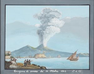 Scuola napoletana del XX secolo - Gouache con eruzione del Vesuvio, secolo XX