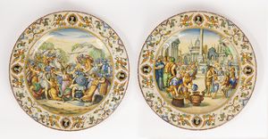 Molaroni Pesaro - Coppia di piatti istoriati in maiolica, secoli XIX-XX