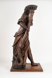 Scuola dell'Italia centrale, secolo XVII : Due sculture in legno intagliato a patina scura, raffiguranti figure reggi torce  - Asta Incanti d'Arte - Associazione Nazionale - Case d'Asta italiane