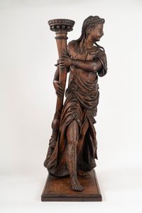 Scuola dell'Italia centrale, secolo XVII : Due sculture in legno intagliato a patina scura, raffiguranti figure reggi torce  - Asta Incanti d'Arte - Associazione Nazionale - Case d'Asta italiane