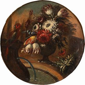 Maniera di Gaspare Lopez : Tre nature morte di fiori e frutti  - Asta Incanti d'Arte - Associazione Nazionale - Case d'Asta italiane