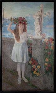 Silvio Barbieri - Bambina con ghirlanda di fiori su una terrazza