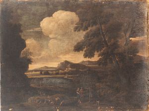 Scuola romana, fine del secolo XVII - Paesaggio laziale con Tobiolo e l'angelo in primo piano