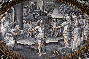 Attribuito a Pierre Reymond (1513-1584) : Piatto ovale in smalto di Limoges raffigurante Abramo rifiuta i doni del re di Sodoma  - Asta Incanti d'Arte - Associazione Nazionale - Case d'Asta italiane