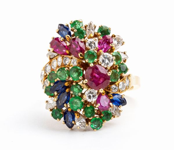 Anello a bouquet floreale in oro con diamanti, zaffiri, rubini e smeraldi  - Asta Gioielli e Orologi - Associazione Nazionale - Case d'Asta italiane