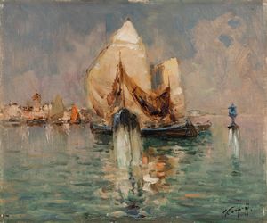 Ivan Karpoff : Venezia, barche in laguna  - Asta Arte Figurativa tra XIX e XX Secolo - Associazione Nazionale - Case d'Asta italiane