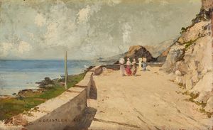 Alberto Dressler : Passeggiata sul lungomare  - Asta Arte Figurativa tra XIX e XX Secolo - Associazione Nazionale - Case d'Asta italiane