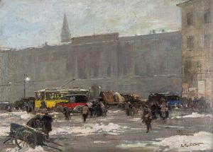 Lodovico Zambelletti : Milano sotto la neve  - Asta Arte Figurativa tra XIX e XX Secolo - Associazione Nazionale - Case d'Asta italiane