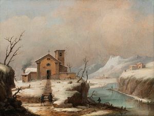 Luigi Deleidi, detto il Nebbia : Pellegrini nella neve  - Asta Arte Figurativa tra XIX e XX Secolo - Associazione Nazionale - Case d'Asta italiane