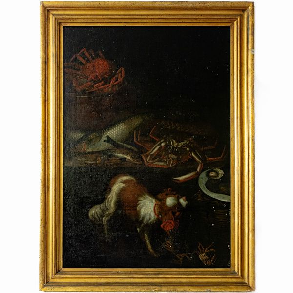 Pittore napoletano, natura morta composizione con crostacei e cagnolino  - Asta Smart Auction: arredi, dipinti, sculture, argenti e altro a prezzi vantaggiosi - Associazione Nazionale - Case d'Asta italiane