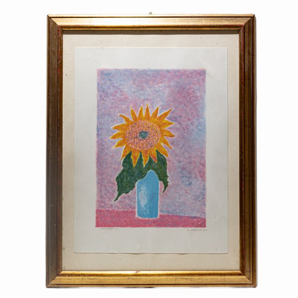 Giovanni Omiccioli : Vaso con girasole, multiplo su carta  - Asta Smart Auction: arredi, dipinti, sculture, argenti e altro a prezzi vantaggiosi - Associazione Nazionale - Case d'Asta italiane