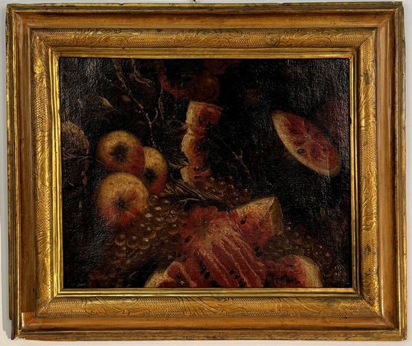 Pittore anonimo Natura morta con mele, anguria e uva  - Asta Antiquariato - Associazione Nazionale - Case d'Asta italiane