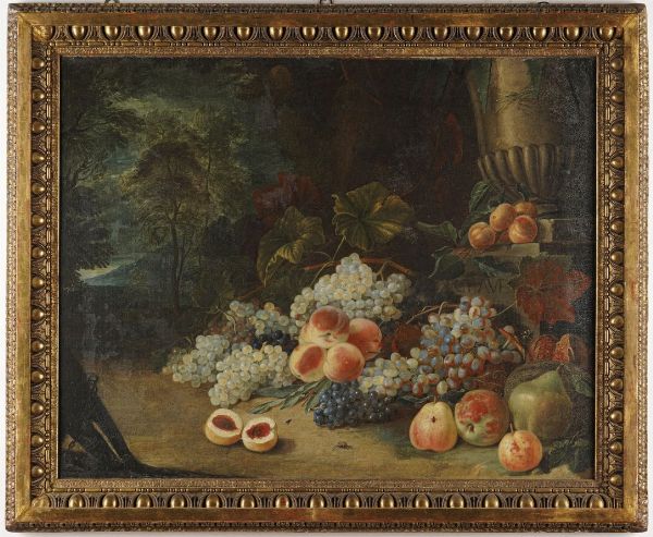 Scuola del XVIII/XIX secolo Natura morta di frutta in un paesaggio e vaso sullo sfondo  - Asta Antiquariato - Associazione Nazionale - Case d'Asta italiane