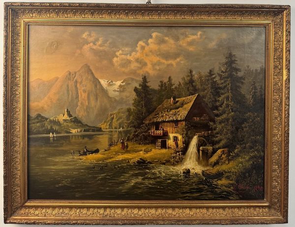 Pittore della fine del XIX secolo Veduta di lago di montagna; Veduta con mulino  - Asta Antiquariato - Associazione Nazionale - Case d'Asta italiane