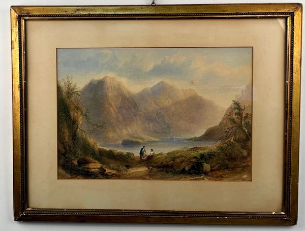 Sidney Edward Paget (Londra 1860 - Margate 1908) Veduta di lago con motagne e figure  - Asta Antiquariato - Associazione Nazionale - Case d'Asta italiane