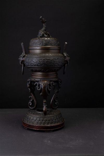 Incensiere tripode in bronzo con mascheroni, anse ad anelli, decori a rilievo e presa del coperchio a foggia di drago, Cina, Dinastia Qing, XIX secolo  - Asta Antiquariato - Associazione Nazionale - Case d'Asta italiane