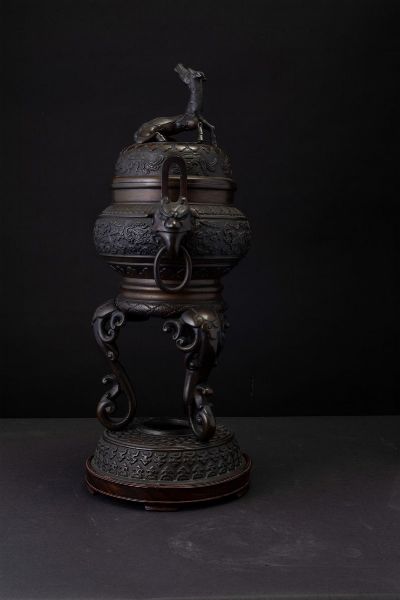 Incensiere tripode in bronzo con mascheroni, anse ad anelli, decori a rilievo e presa del coperchio a foggia di drago, Cina, Dinastia Qing, XIX secolo  - Asta Antiquariato - Associazione Nazionale - Case d'Asta italiane