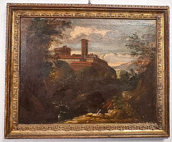 Scuola veneta del XVIII secolo Paesaggio con paese e pescatori  - Asta Antiquariato - Associazione Nazionale - Case d'Asta italiane