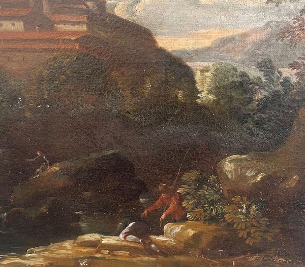 Scuola veneta del XVIII secolo Paesaggio con paese e pescatori  - Asta Antiquariato - Associazione Nazionale - Case d'Asta italiane